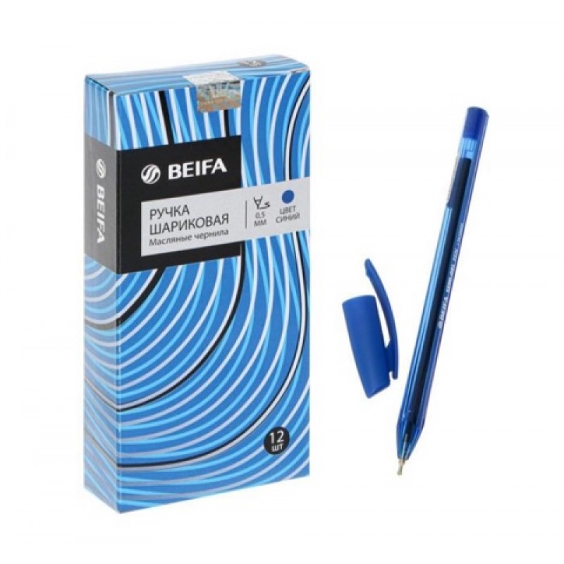 Ручка BEIFA ТА-128600-BL шариковая маслянные чернила синия голубой корп.0,5мм(12шт/уп)